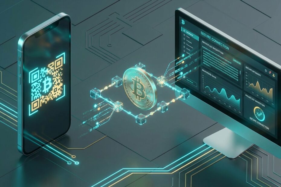 Comparativo ilustrativo entre carteira de Bitcoin no celular com QR Code e software de criptomoedas no computador desktop.