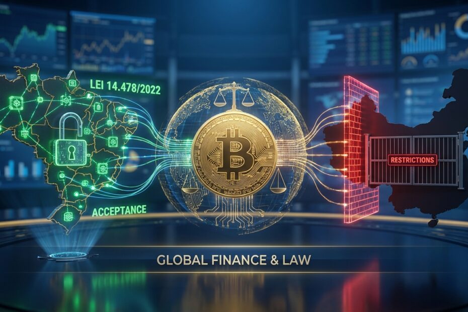 Ilustração comparativa da regulação do Bitcoin no Brasil com a Lei 14.478/2022 versus restrições na China