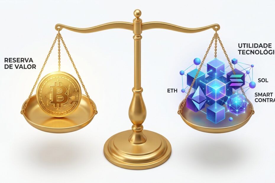 Balança comparando Bitcoin com outras criptomoedas e tecnologias blockchain