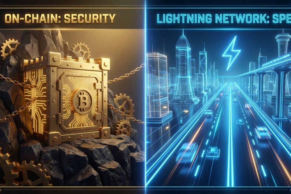 Ilustração comparando a segurança do Bitcoin on-chain com a velocidade da Lightning Network