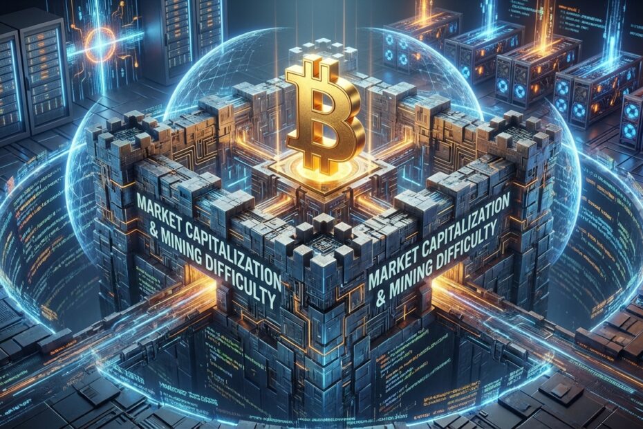 Ilustração digital representando a segurança da rede Bitcoin e a barreira da dificuldade de mineração