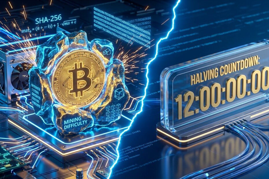 Ilustração 3D da rede Bitcoin representando o aumento da dificuldade de mineração e o halving