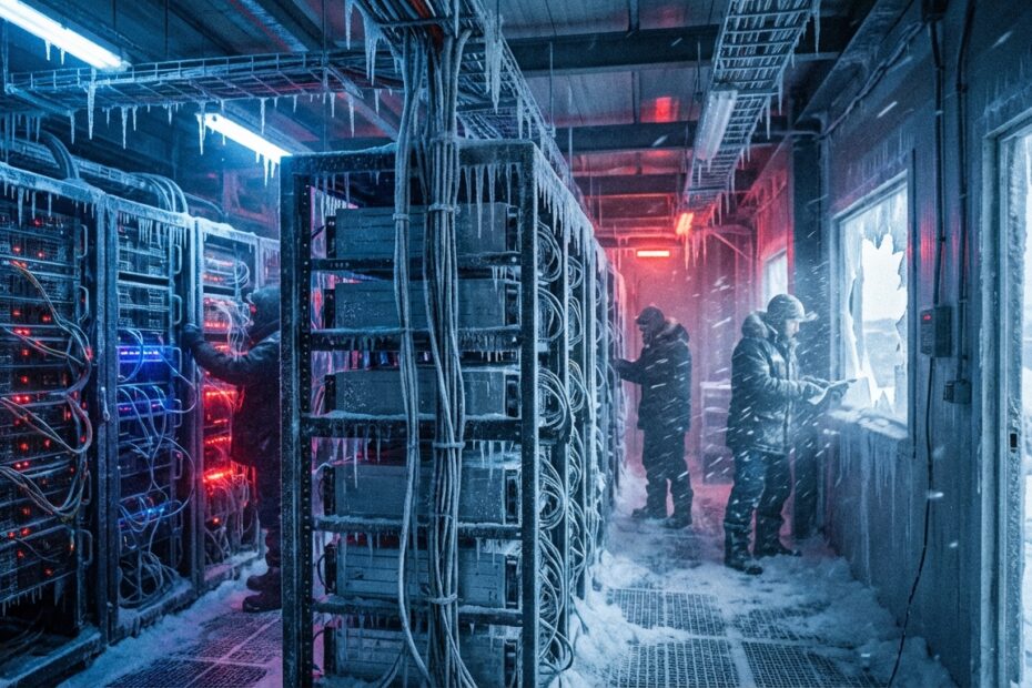 Servidores de mineração de Bitcoin afetados por condições de congelamento e gelo.
