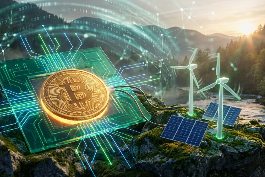 Ilustração 3D de um Bitcoin dourado conectado a circuitos de energia verde e fontes renováveis.