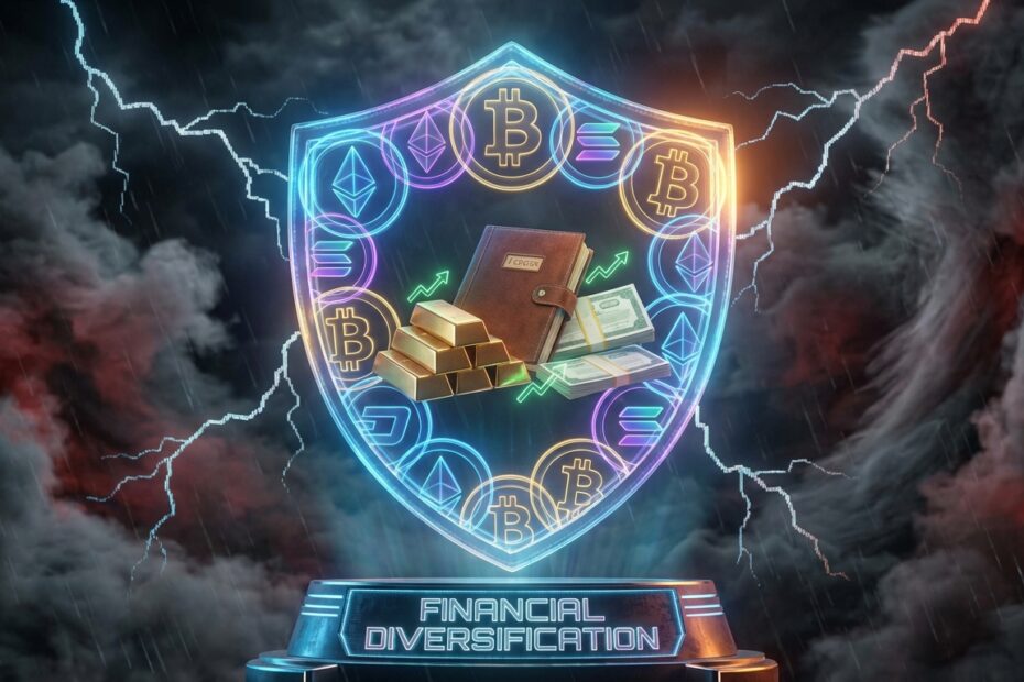 Escudo digital de criptomoedas protegendo patrimônio contra tempestade de crise econômica