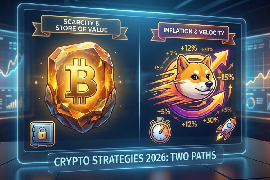 Ilustração comparativa entre a escassez do Bitcoin e a oferta do Dogecoin com gráficos de fundo