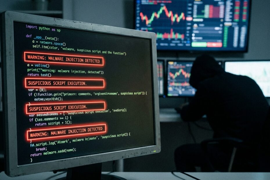 Monitor exibindo código de programação com alertas de segurança vermelhos indicando malware em protocolo financeiro
