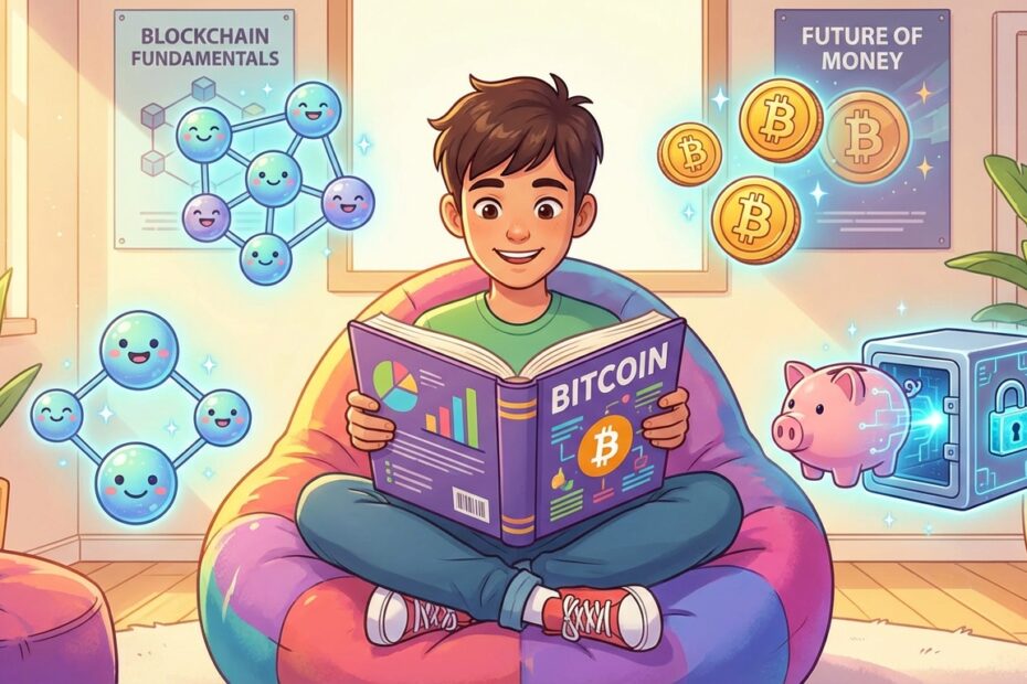 Jovem estudando com um livro sobre Bitcoin didático e elementos de criptomoedas ao redor