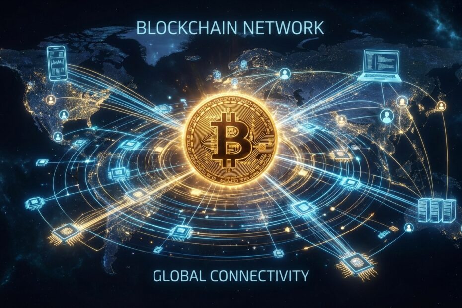 Ilustração digital conectando o Bitcoin a uma rede global de usuários representando o efeito de rede