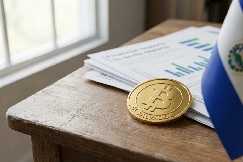 Moeda Bitcoin física sobre mesa com documentos financeiros e bandeira de El Salvador ao fundo