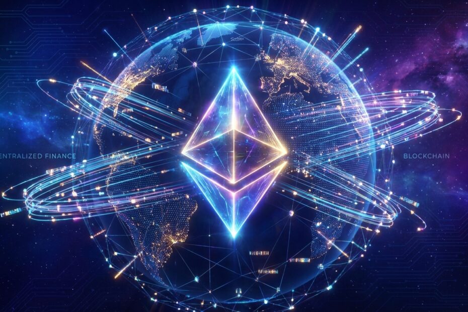 Ilustração futurista da rede blockchain Ethereum com o símbolo do Ether brilhando no centro