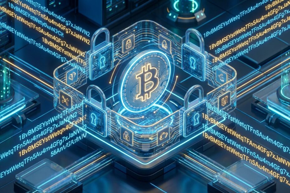 Ilustração 3D de um endereço público de Bitcoin com códigos alfanuméricos e cadeados de segurança