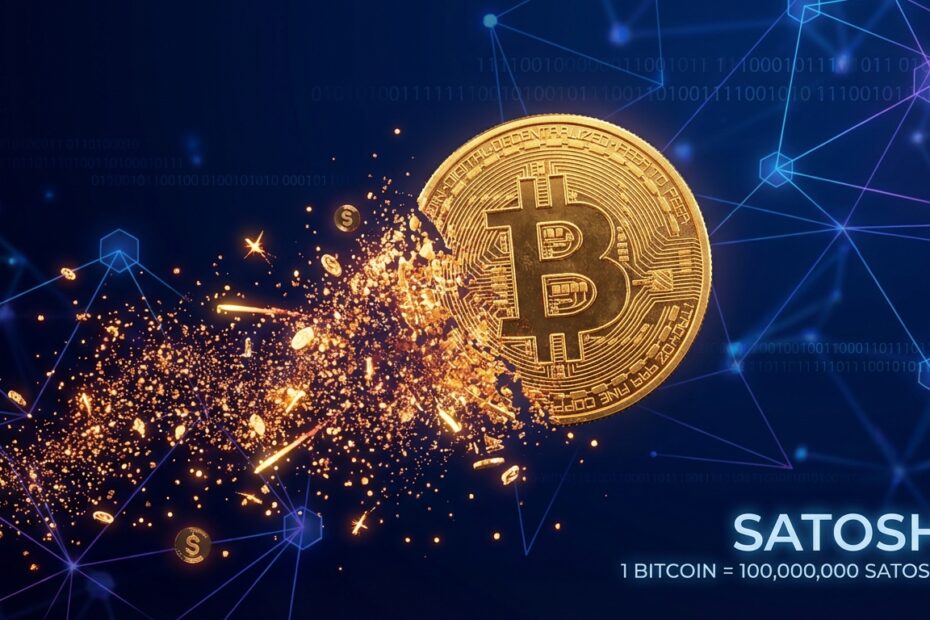Ilustração 3D de um Bitcoin se dividindo em milhões de partículas brilhantes representando satoshis