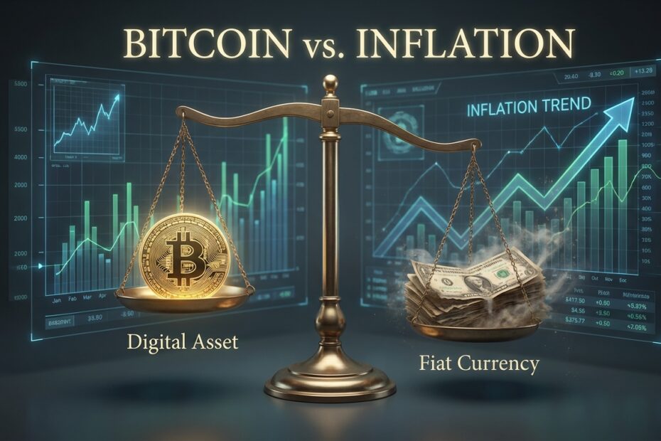 Ilustração 3D de um Bitcoin em uma balança comparado com notas de dinheiro, simbolizando a luta contra a inflação.
