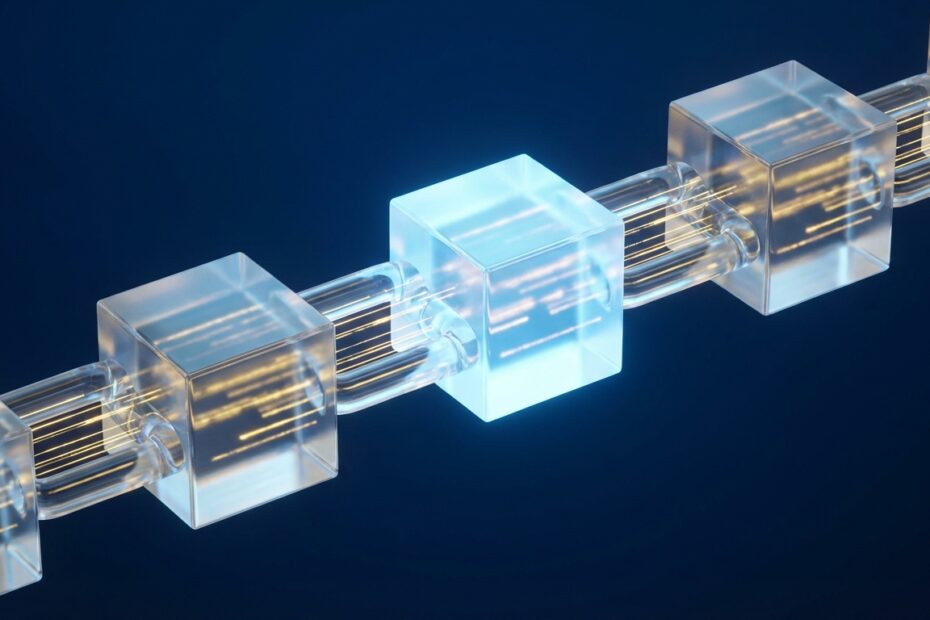 Representação visual 3D da estrutura de blocos interconectados da tecnologia blockchain