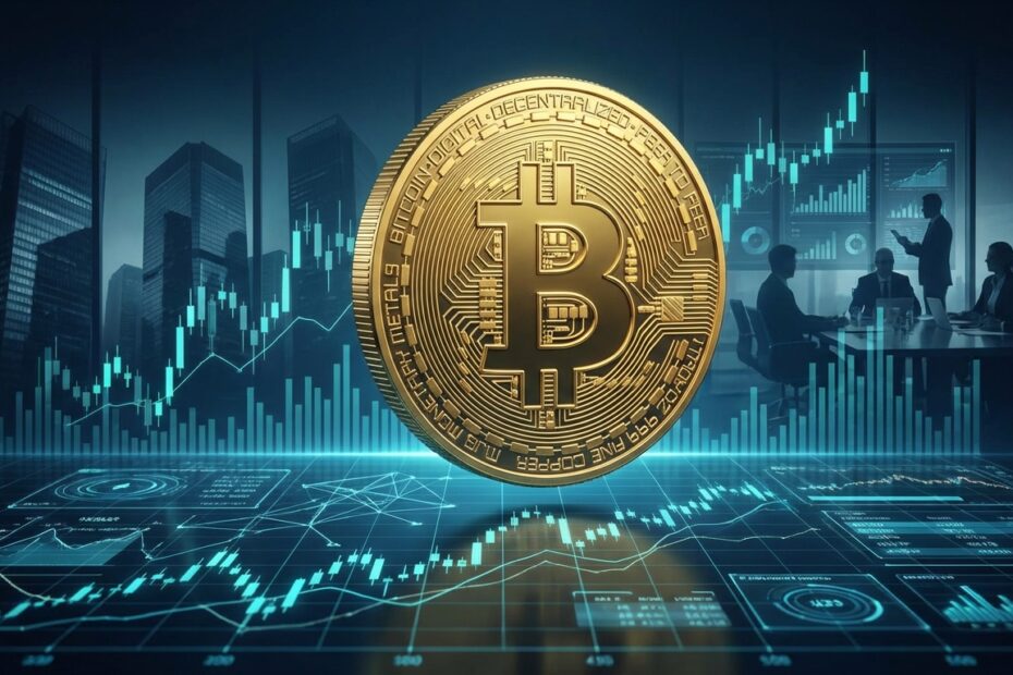 Bitcoin dourado sobreposto a gráficos financeiros com silhuetas de investidores corporativos ao fundo