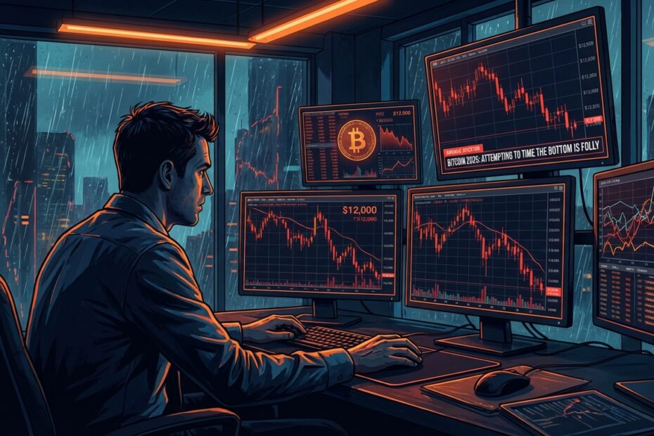 Investidor analisando gráficos de queda do Bitcoin em múltiplos monitores durante crise de mercado