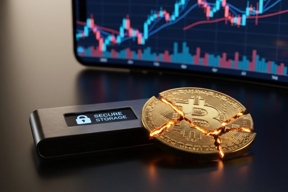 Frações de bitcoin sobre carteira de hardware representando segurança