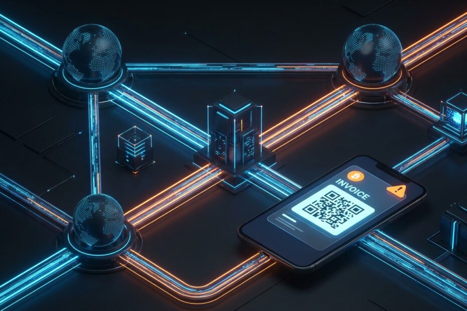 Ilustração de transação na rede Lightning do Bitcoin com alerta de segurança