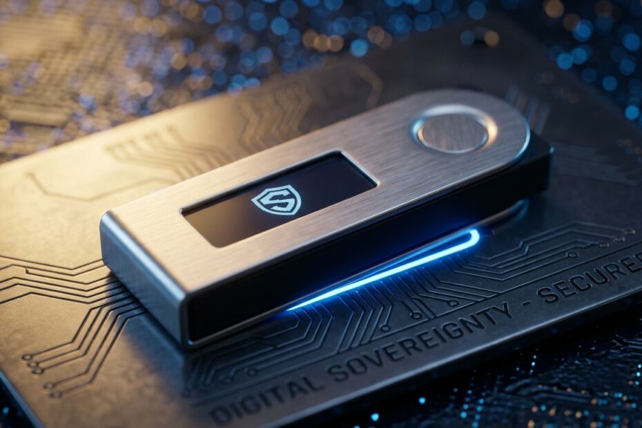 Carteira física de Bitcoin segura sobre superfície metálica representando autocustódia