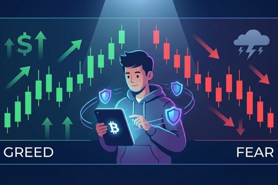 Ilustração dos ciclos de medo e ganância no mercado de Bitcoin e a importância da segurança