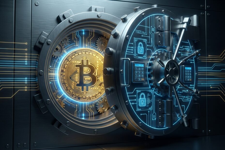 Cofre de aço reforçado protegendo um Bitcoin físico brilhante, simbolizando segurança na autocustódia.