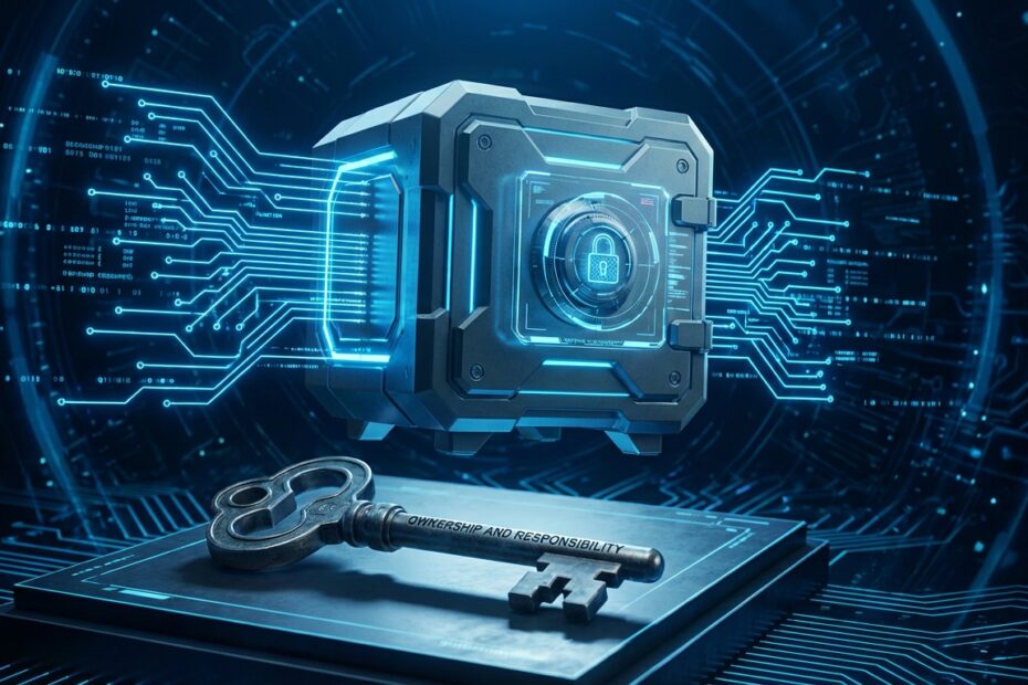 Cofre digital seguro com chave física simbolizando a guarda própria de criptomoedas