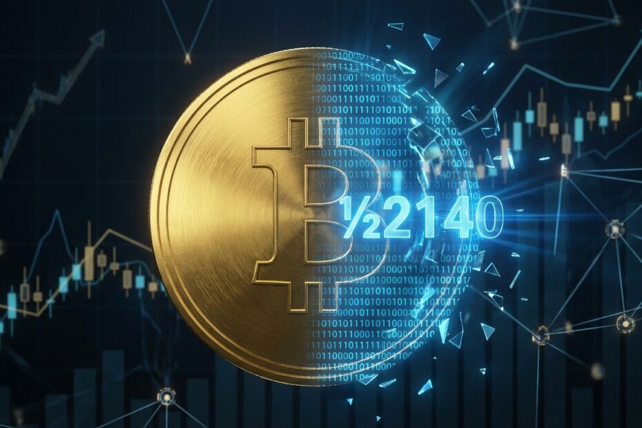 Ilustração 3D de um Bitcoin dourado se transformando em código digital, representando a escassez e o halving.