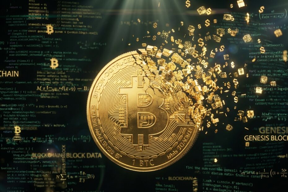 Representação artística de um Bitcoin dourado se dividindo em partículas digitais luminosas sobre um fundo de código.