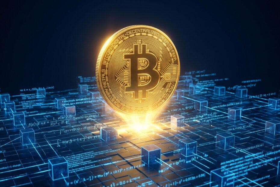Ilustração 3D de um Bitcoin dourado cercado por fórmulas matemáticas representando a escassez programada