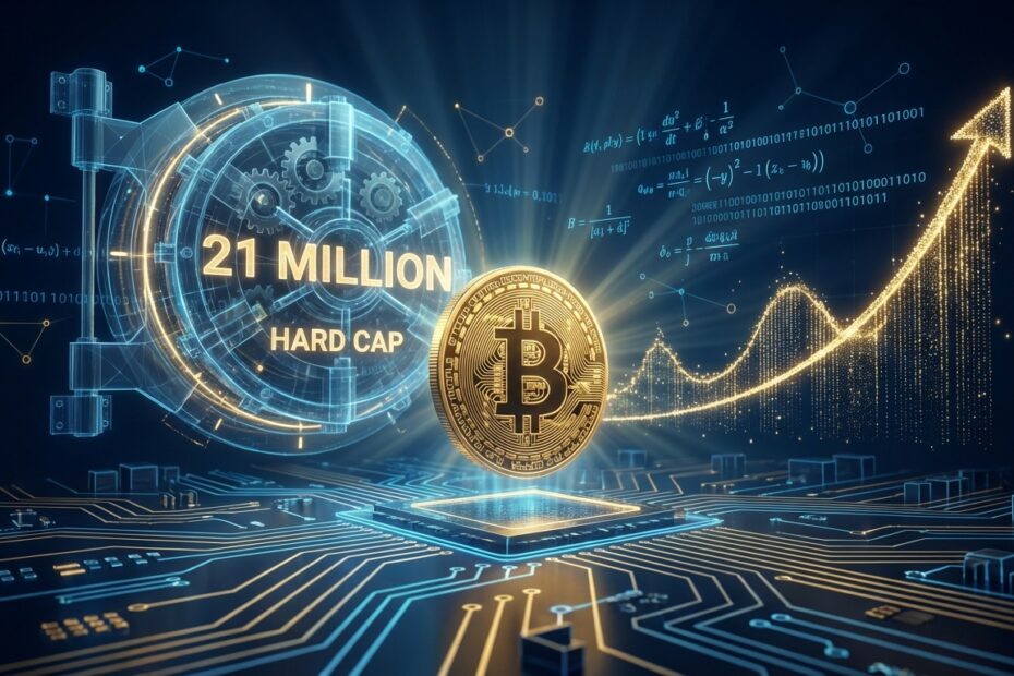 Ilustração digital de um Bitcoin dourado representando a escassez programada e o limite de 21 milhões.