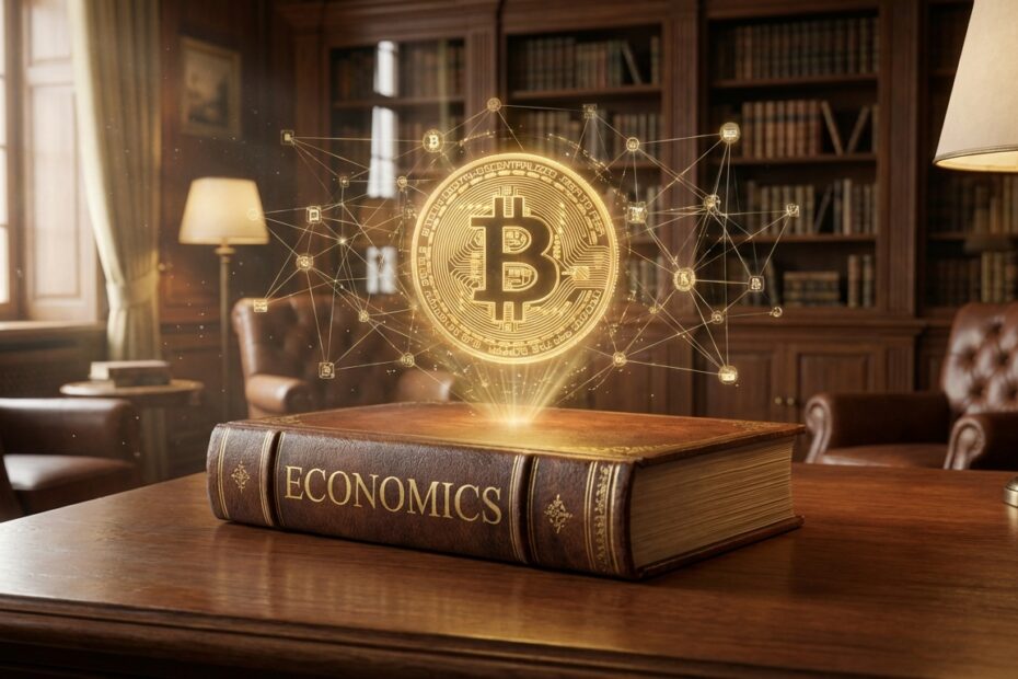 Livro de economia clássica aberto projetando um holograma digital do símbolo do Bitcoin