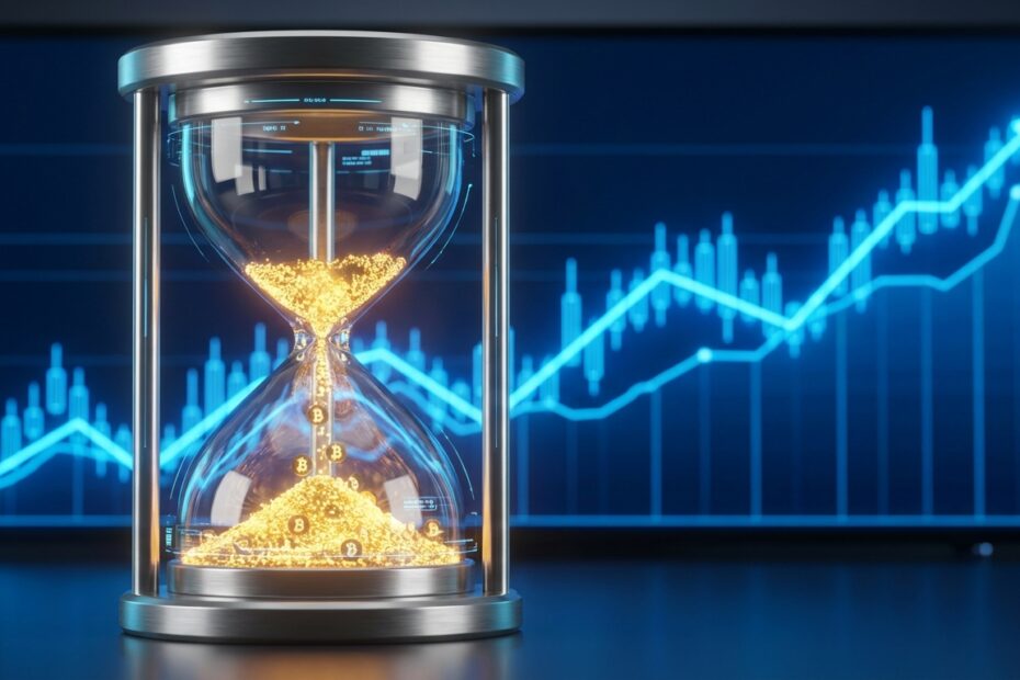 Ampulheta digital acumulando partículas douradas de Bitcoin representando a estratégia DCA.