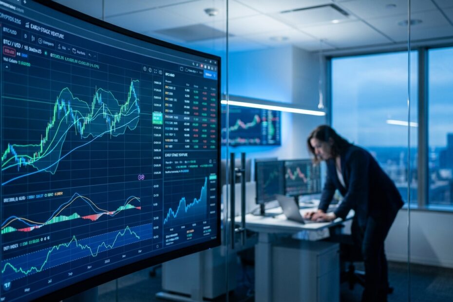 Gráficos de análise de criptomoedas em tela digital representando mercado de ICOs