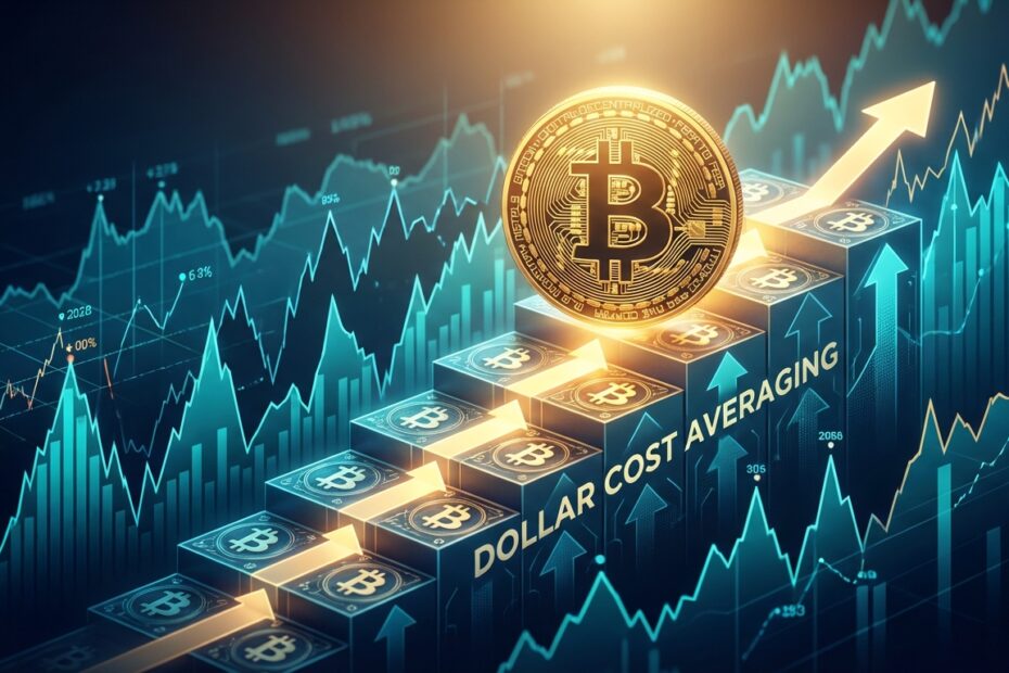 Gráfico financeiro estilizado com Bitcoin dourado representando estratégia de longo prazo e DCA