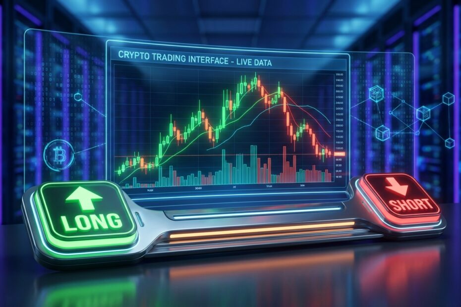 Interface de trading mostrando gráficos de velas para operações de long e short em criptomoedas