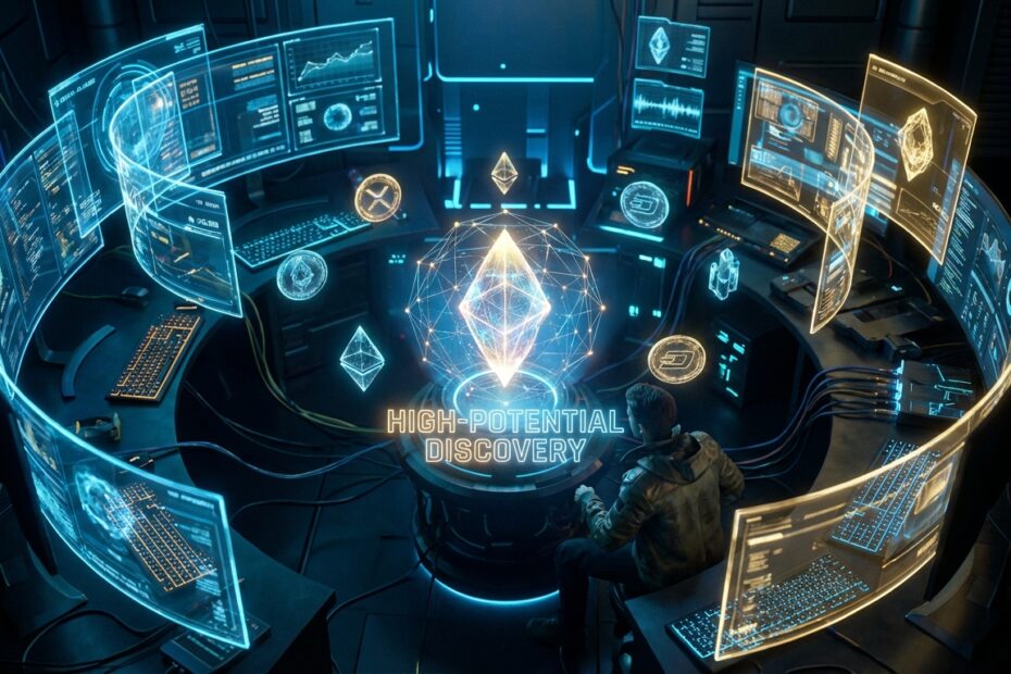 Interface tecnológica exibindo análise de dados de blockchain e gráficos financeiros.