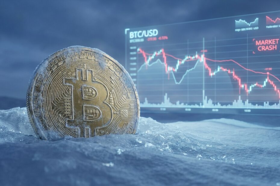 Bitcoin dourado congelado na neve representando o inverno cripto de 2026