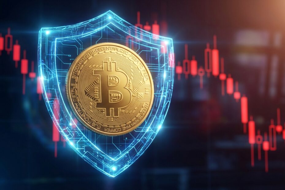 Bitcoin dourado protegido por escudo digital contra gráficos de queda no mercado