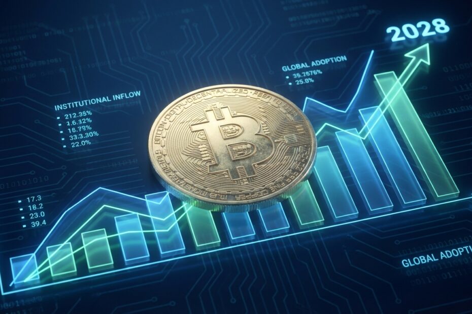 Bitcoin dourado sobre gráfico financeiro digital em ascensão até 2028