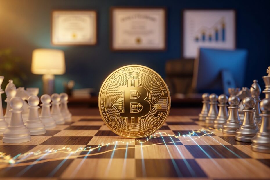 Moeda física do Bitcoin sobre gráfico financeiro representando estratégias de investimento de longo prazo e acumulação.