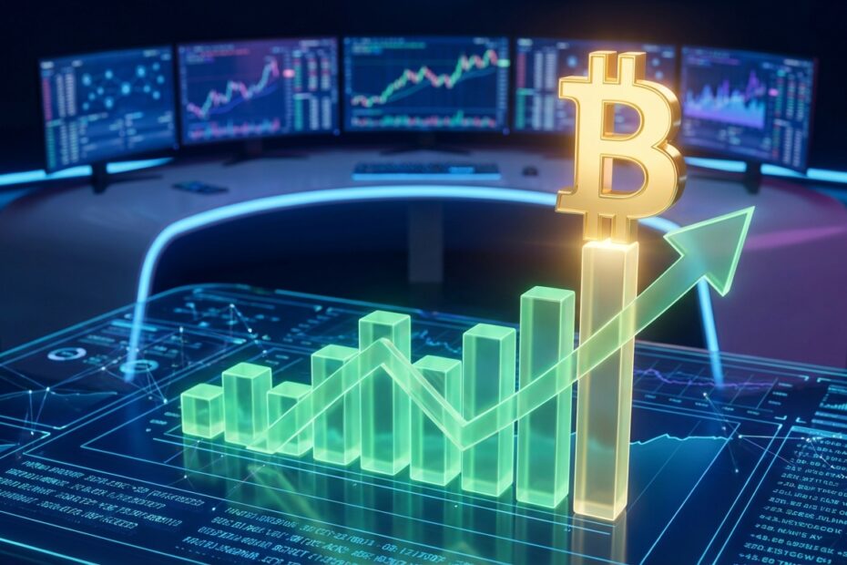 Gráfico financeiro mostrando Bitcoin atingindo máxima histórica e estratégias de lucro