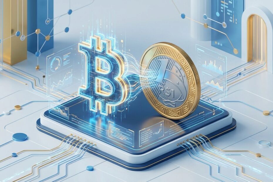 Ilustração 3D de um Bitcoin sendo transformado digitalmente em uma moeda Real brasileira