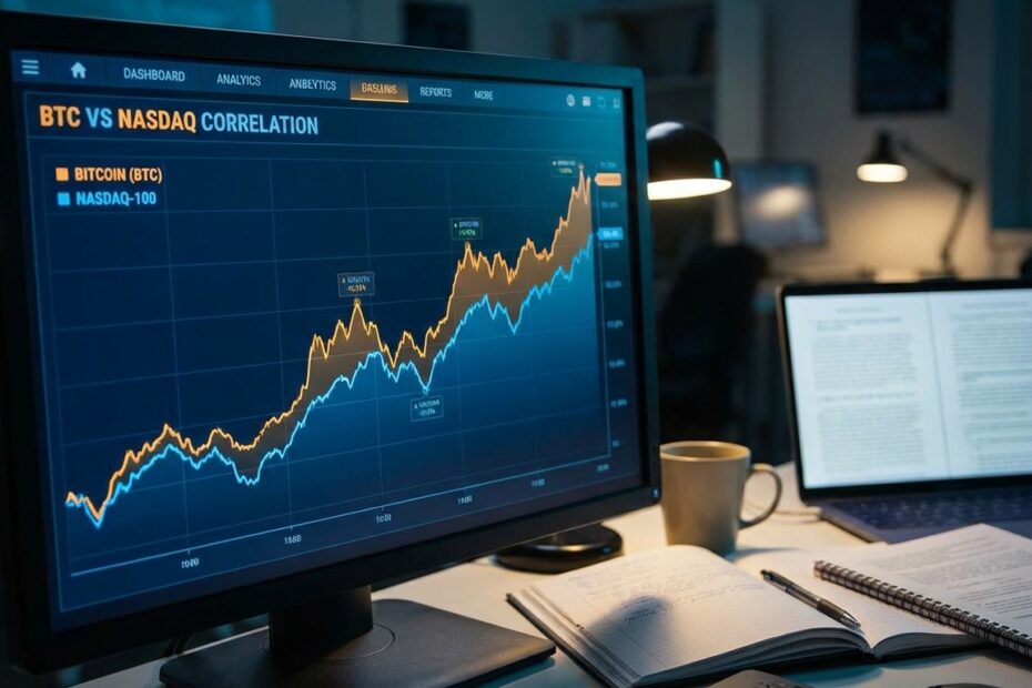 Gráfico em tela de computador comparando desempenho do bitcoin com bolsas de valores em ambiente de pesquisa
