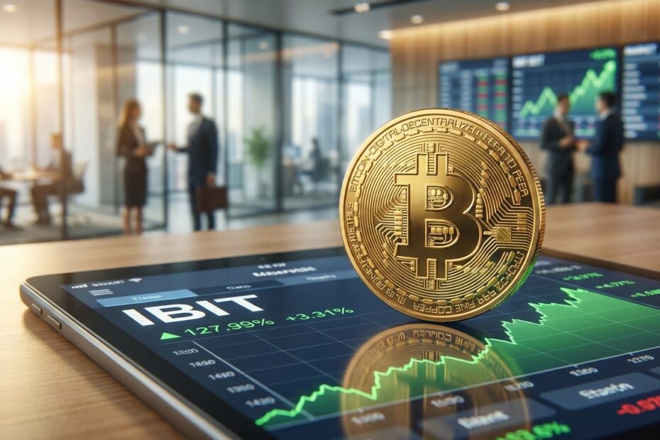 Representação do ETF de Bitcoin da BlackRock (IBIT) com gráfico financeiro de alta