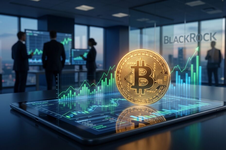Símbolo do Bitcoin sobre gráfico financeiro representando o ETF IBIT da BlackRock