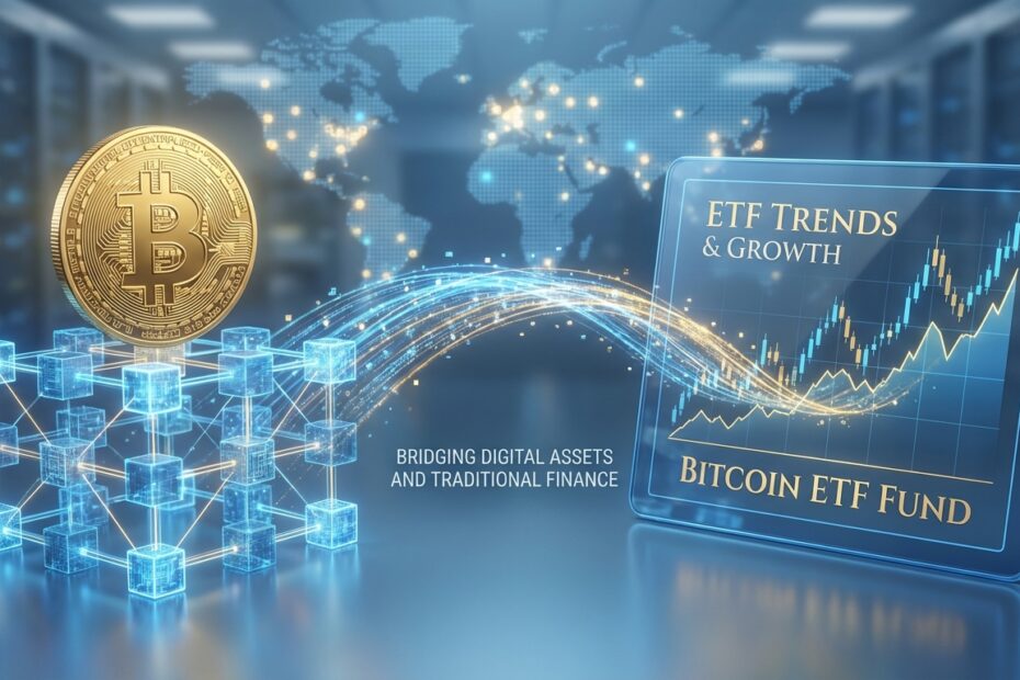 Ilustração comparativa entre criptomoeda digital em blockchain e gráfico de desempenho de ETF na bolsa de valores