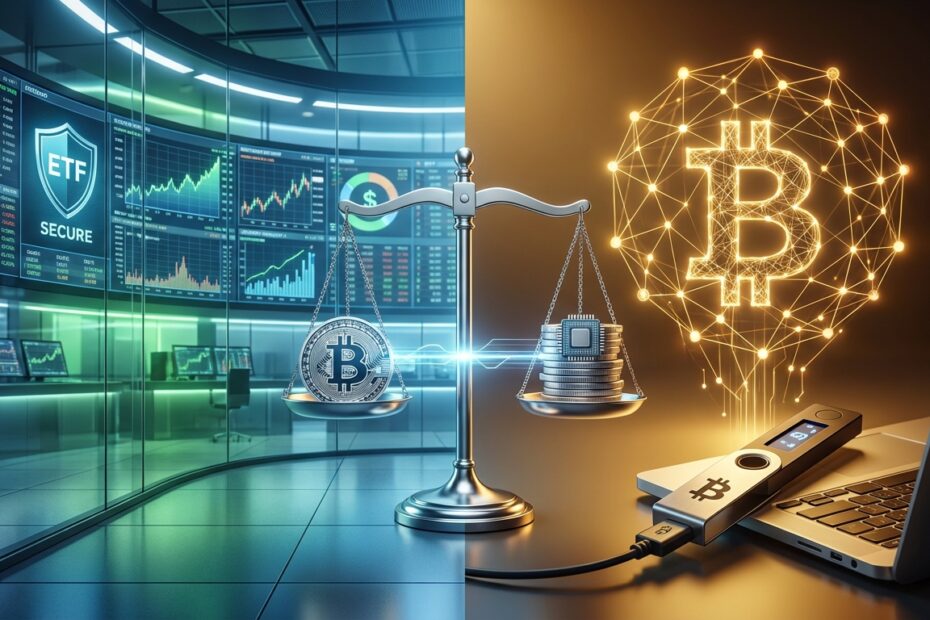 Comparativo visual entre investimento em Bitcoin via ETF na bolsa de valores e compra direta com custódia própria