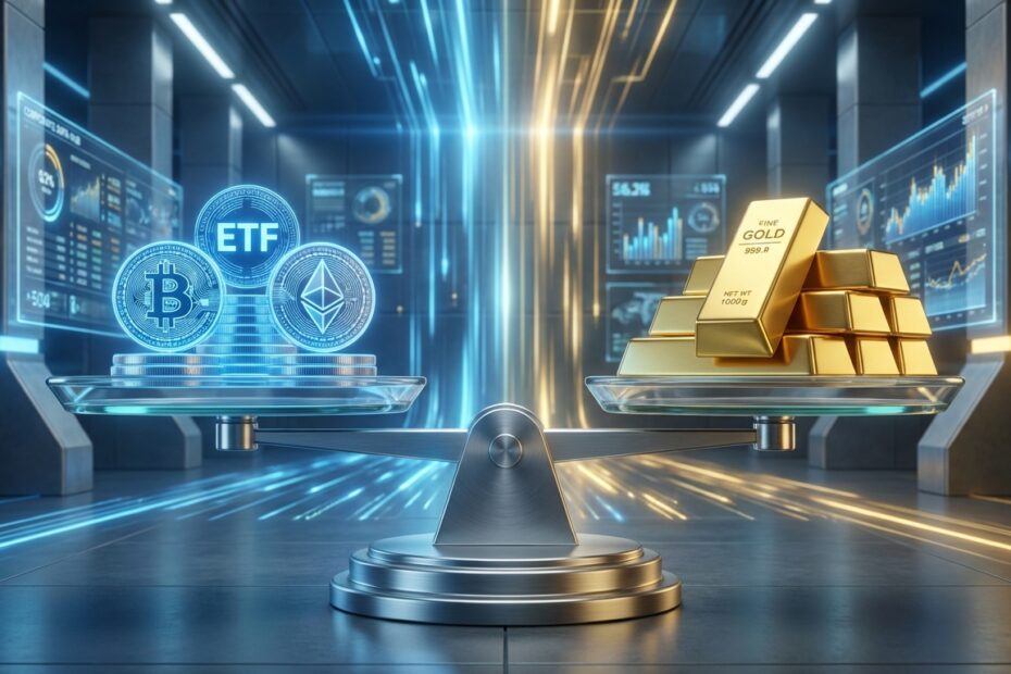 Balança digital equilibrando investimentos tradicionais e ETFs de criptomoedas