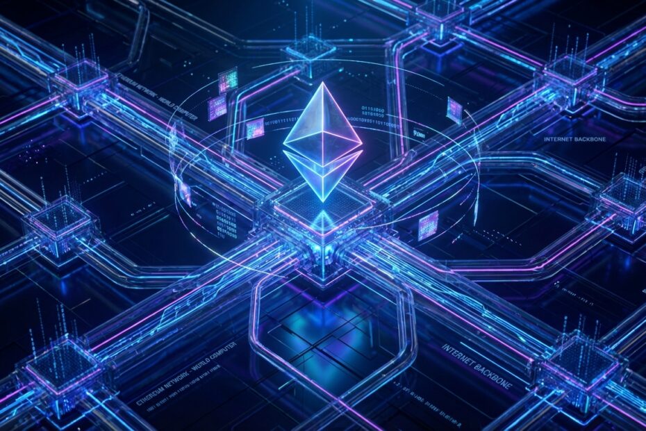 Logotipo do Ethereum iluminado no centro de uma rede digital complexa representando a infraestrutura da Web3